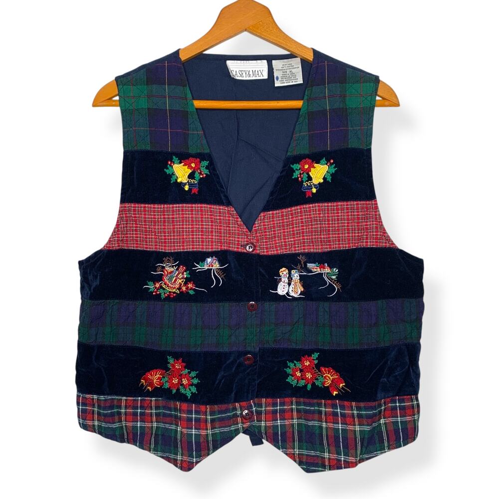 Vintage 90s Casey & Max women's patchwork plaid embroidered Christmas vest XL
